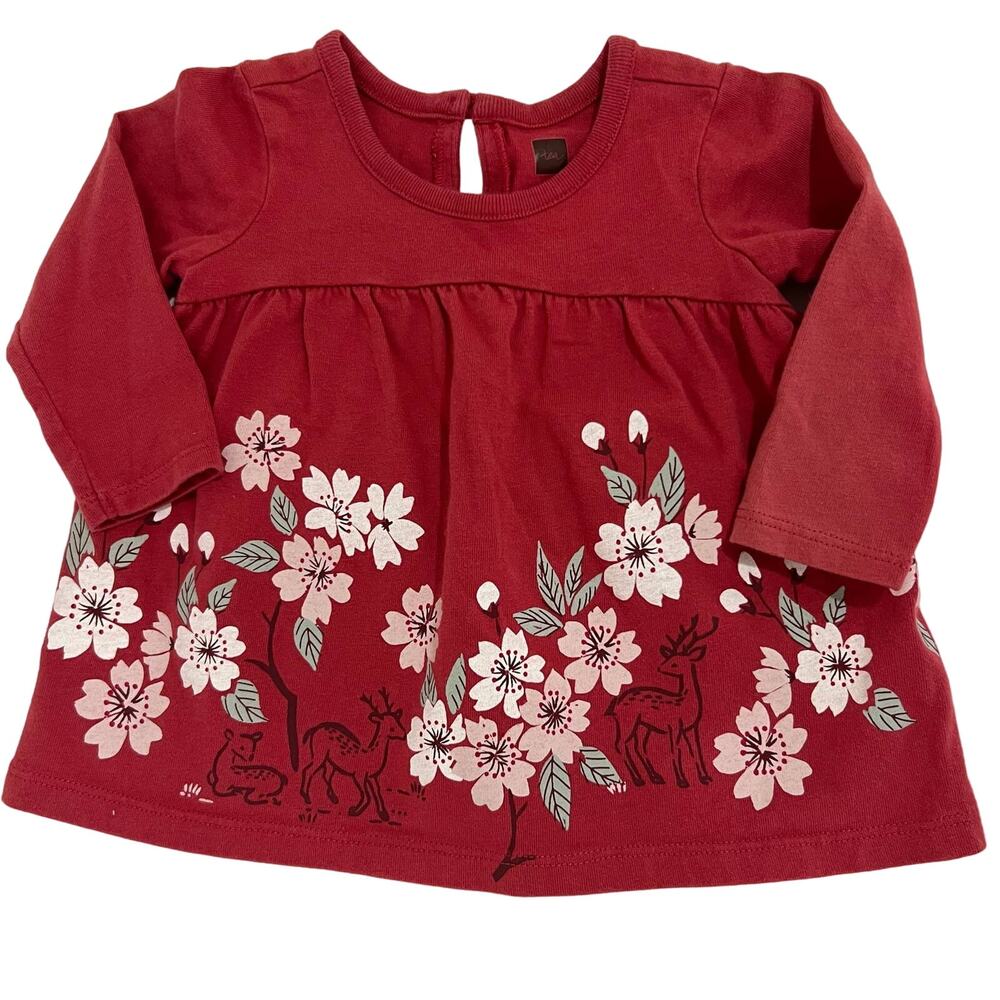 Tea Collection Red Floral Deer Long Sleeve Shirt Size 3-6 Months